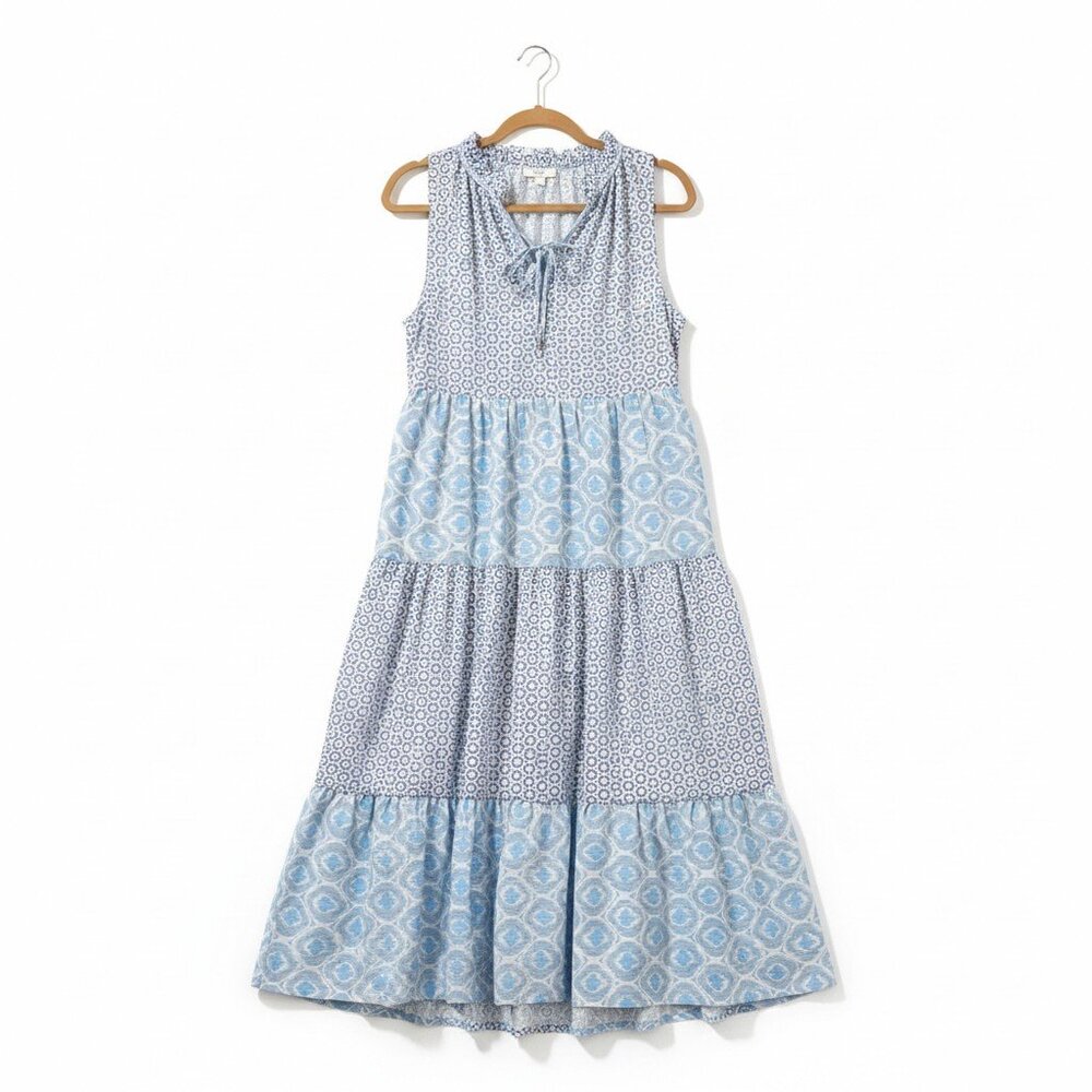 Entro Blue and White Geometric Maxi Dress